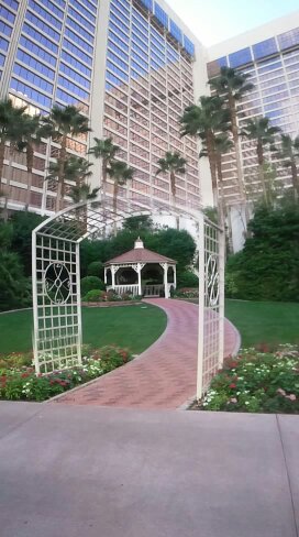 the gazebo for weddings and showing the tall hotel in the backgroun