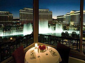 view of bellagio fountains from eiffel tower restaurant