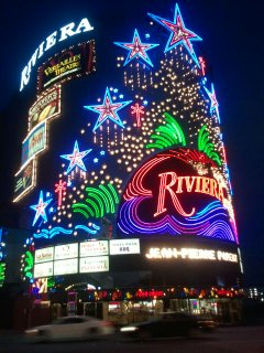 night shot of riviera colorful facade